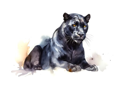 Portrait of a majestic black panther on white background in watercolor style.