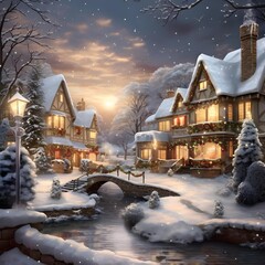 Winter night in the village. Winter landscape with a snowy village.