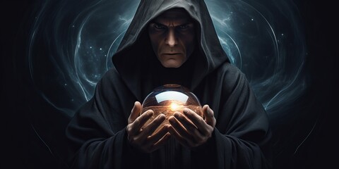 a man in a robe holding a crystal ball - obrazy, fototapety, plakaty