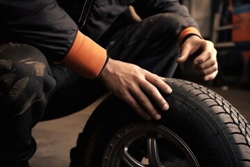 Fototapeta premium Male service station worker in uniform inspects large wheel of car looking for defects. Wheel repairman Improves transport performance at car station. Repairing vehicle parts in modern workshop