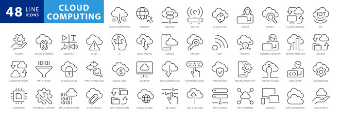 Cloud Computing Thin line icons Set. Cloud services, server, cyber security, digital transformation Concepts Included. Outline Style icon collection. Editable stroke. Vector illustration
