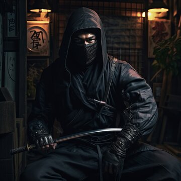 a man in black ninja garment holding a sword
