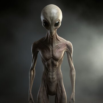 Eerie humanoid extraterrestrial creature stands in shadow, a mysterious figure from science fiction.