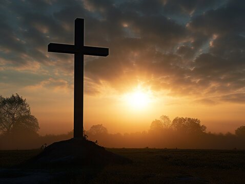 Silhouette of catholic cross and sunrise in a cemitery poetical image