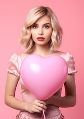 A young woman in a pink outfit holds a heart-shaped balloon against a pink background