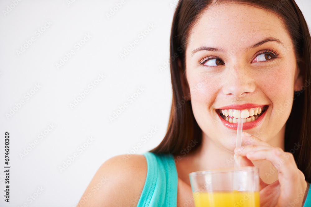 Poster Happy, drinking and face of woman with juice for nutrition, wellness and hydration in studio. Beverage, smile and thirsty person with fruit blend for vitamins, detox and diet on white background