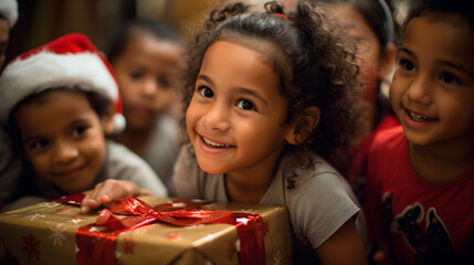 Niña latina abriendo regalos navideños con una gran sonrisa  - obrazy, fototapety, plakaty
