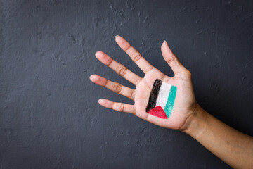 Palm painted with Palestine flag as symbol to support Palestinians and stop the war - obrazy, fototapety, plakaty