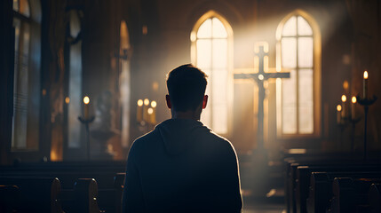 A Christian man praying inside a church with a cross in the background - obrazy, fototapety, plakaty