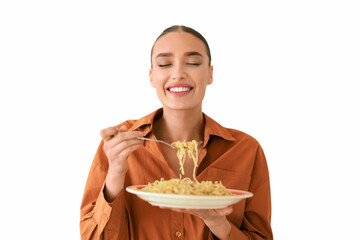 Joyful woman enjoying a plate of spaghetti