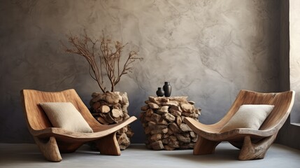 unique hand crafted lounge chair made from tree trunks - obrazy, fototapety, plakaty