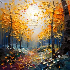 a painting of a forest with yellow leaves