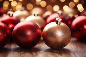 Christmas decorations with Gold and red Ornaments against Defocused Lights and Background with copy space. Christmas themes.