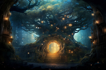 a magic tree with an entrance to a fairy-tale world