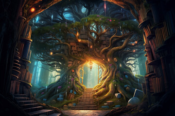 a magic tree with an entrance to a fairy-tale world