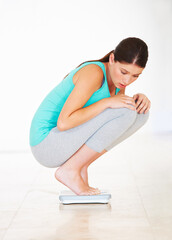 Scale, check and woman lose weight with surprise, diet and measuring body, mass and health....