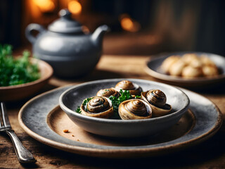 Artistic snail dish escargot created with artificial intelligence	