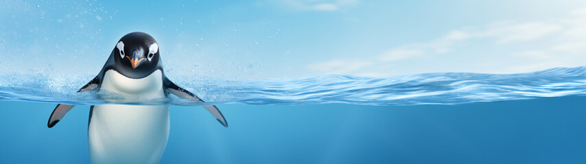 Naklejka premium Banner with cute penguin on isolated blue water background. Generative AI