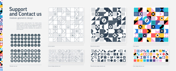 Support, Contact Us Modular Geometric Design. Thin Line, Black, White and Color style Pattern. Tech Graphic Elements Set. Chat Service, Phone Call Icon. Triangle, Square, Circle Forms. Grid Construct