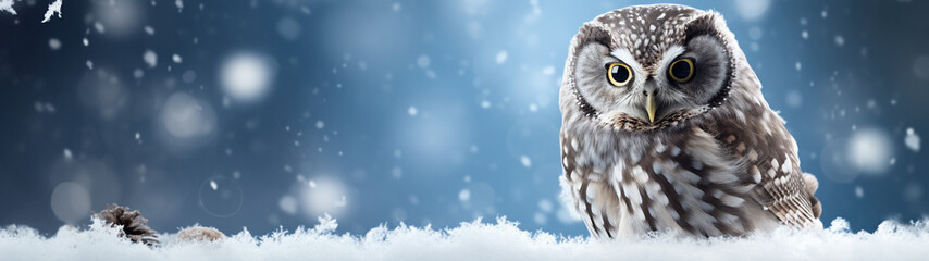 Banner with cute owl on snowy winter nature background. Generative AI - obrazy, fototapety, plakaty