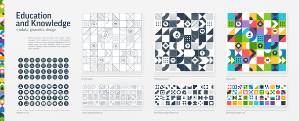 Education, Science Modular Geometric Design. Thin Line, Black, White and Color style Pattern. School Graphic Elements Set. Academy, Learning, Book Icon. Triangle, Square, Circle Forms. Grid Construct