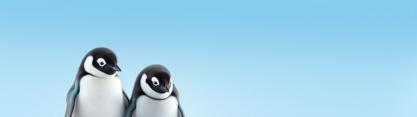 Fototapeta premium Banner with cute penguin on isolated blue background. Generative AI