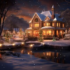 Christmas and New Year background. Christmas tree and house in the snow