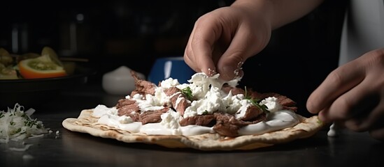 The chef is finishing decorating Gyros with Tzatziki on the kitchen table