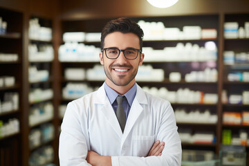a male pharmacist in a pharmacy - obrazy, fototapety, plakaty