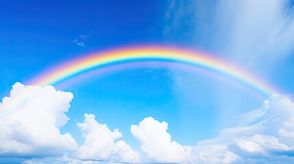 Clear blue sky with a vibrant rainbow stretching across after a refreshing rain shower, symbolizes the colorful and uplifting essence of love.