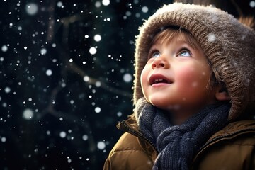 Child in awe of Christmas snow - obrazy, fototapety, plakaty