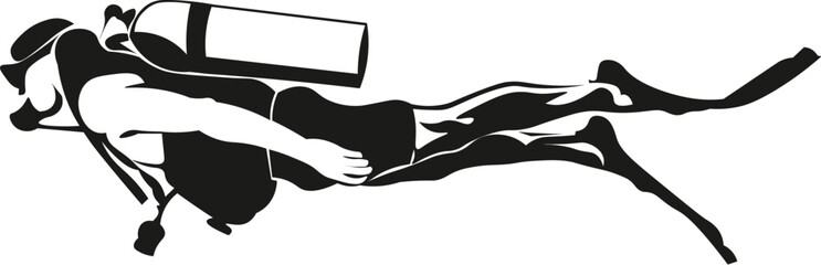 Cartoon Black and White Isolated Illustration Vector Of A Scuba Diver in Fins with Oxygen Tank Diving