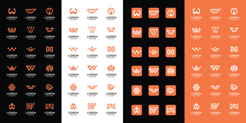 Set of abstract letter W, a logo template. with orange color style, icons for business of fashion, sport, automotive, building, technology, internet, animal, simple.