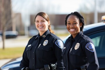 Fototapeta premium African American police officer and white police officer stand together. African American with European colleague pose against police car before shift. African American cop with white cop pose