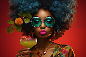 African-American woman with a lush hairstyle and cocktail, disco style - obrazy, fototapety, plakaty