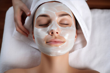 Close-up portrait of beautiful woman getting a gentle facial massage by a beautician. Cosmetologist applying treatment face mask On woman face. Spa treatments, Face peeling mask, facial care.