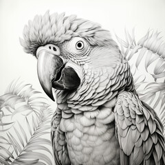 Fototapeta premium Achromatic graphite pencil drawing of a parrot in tropical jungle forest