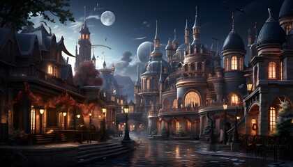 Panorama of the old city at night. 3D illustration.
