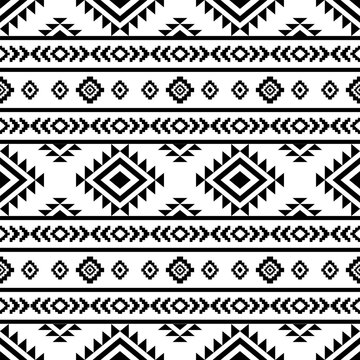 Ethnic southwest tribal Navajo ornamental seamless pattern fabric black and white design for textile printing