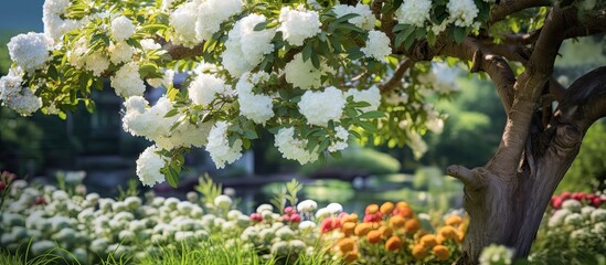 In the beautiful summer garden a white floral tree stands tall adorned with colorful flowers and lush green leaves adding a touch of natural beauty to the picturesque background of nature