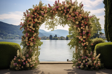 flower arch on the background of the lake, a place for a wedding