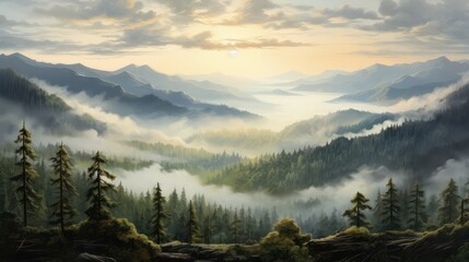 travel vacation wood hill landscape illustration view misty, tree environment, beautiful morning travel vacation wood hill landscape