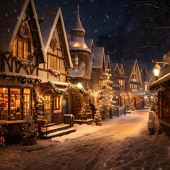 Beautiful winter christmas village at night. Christmas decoration on the street.