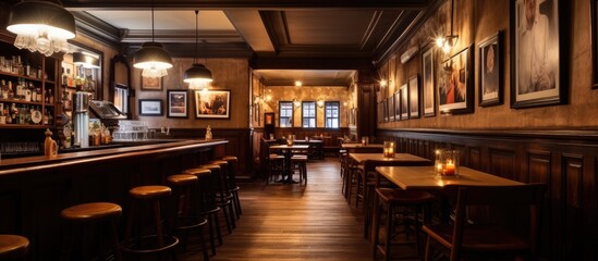 In a cosy vintage pub adorned with abstract art pieces the rustic wood tables and warm lighting create a welcoming and relaxing atmosphere for business meetings and gatherings where people 