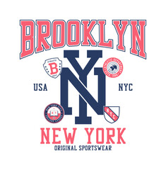 New York, Brooklyn t-shirt design with college patches. NY tee shirt print with patch. Typography graphics for college style apparel and sportswear. Vector illustration. - obrazy, fototapety, plakaty