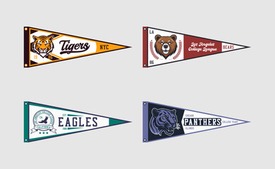 Pennant flag set for college volleyball, baseball, basketball or soccer team. Tigers, eagles and bears, panthers college teams pennant flags. Vintage banners for t-shirt and other print. Vector - obrazy, fototapety, plakaty