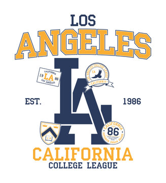 Los Angeles, California t-shirt design with college patches. LA tee shirt print with patch. Typography graphics for college style apparel and sportswear. Vector illustration.