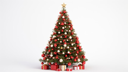Christmas tree festooned with red and gold ornaments, standing against a grey backdrop, with assorted wrapped gifts settled at its base.