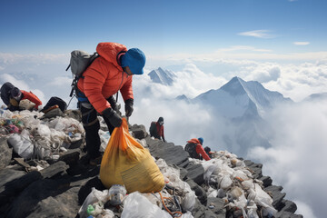 garbage collection in the mountains - obrazy, fototapety, plakaty