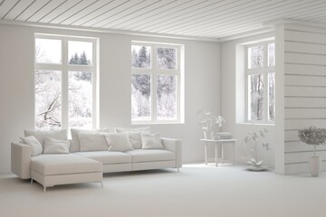 White living room with sofa and winter landscape in window. Scandinavian interior design. 3D illustration